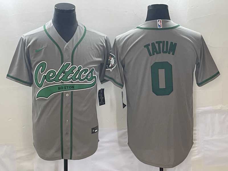 Men%27s Boston Celtics #0 Jayson Tatum Grey With Patch Stitched Baseball Jersey
